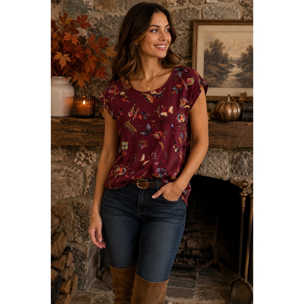 Abercrombie & Fitch Top S Burgundy Butterfly Floral Blouse Boho Fall Cottagecore